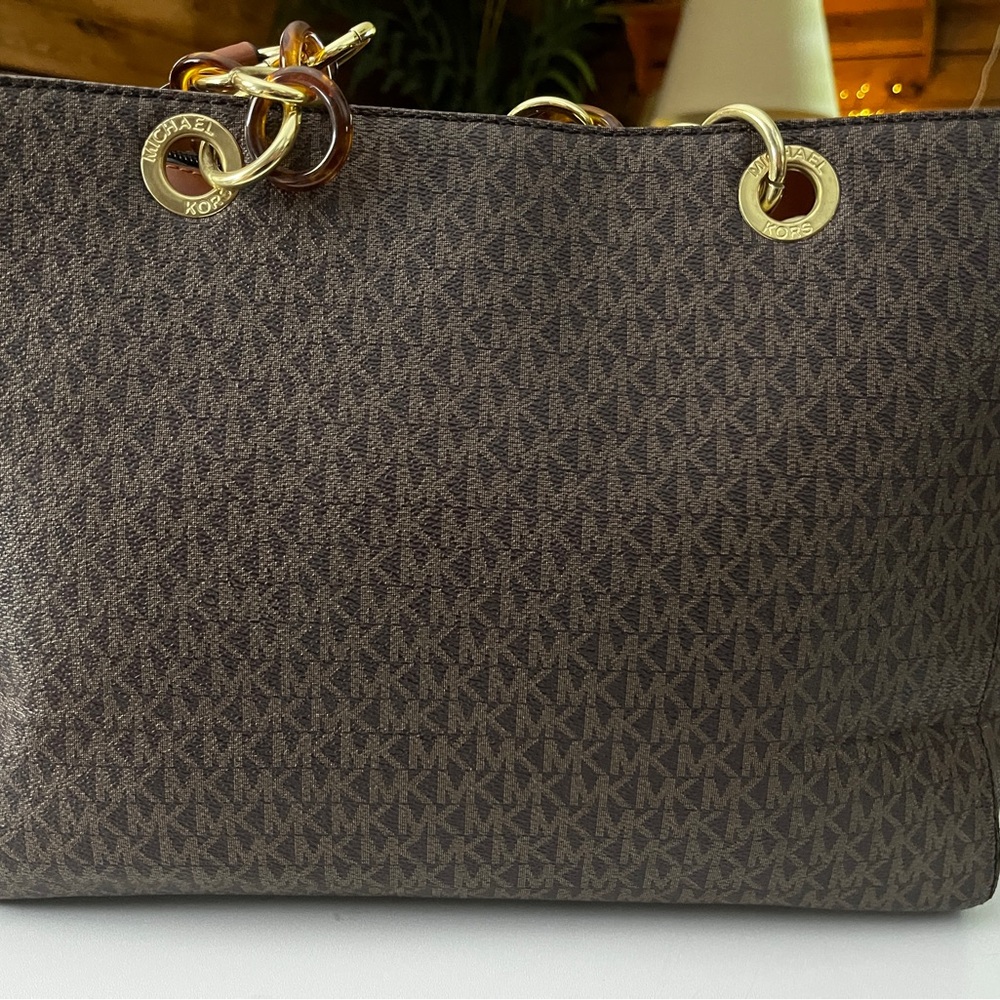 Michael Kors Dark Brown Logo Tote with Gold Chain Accents 13” x 10” X 5” - Picture 3 of 16